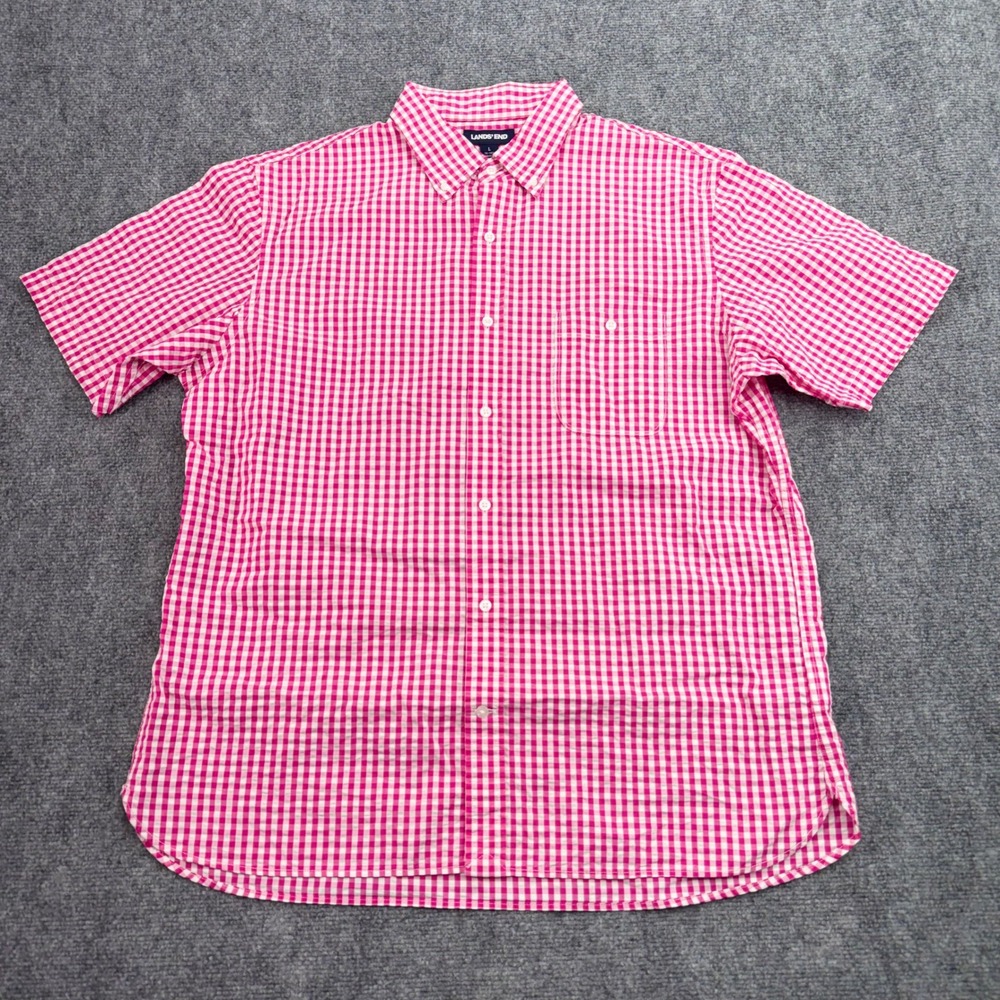 Lands End Shirt‎ Mens Large Pink Gingham Seersucker Traditional Fit Button Down